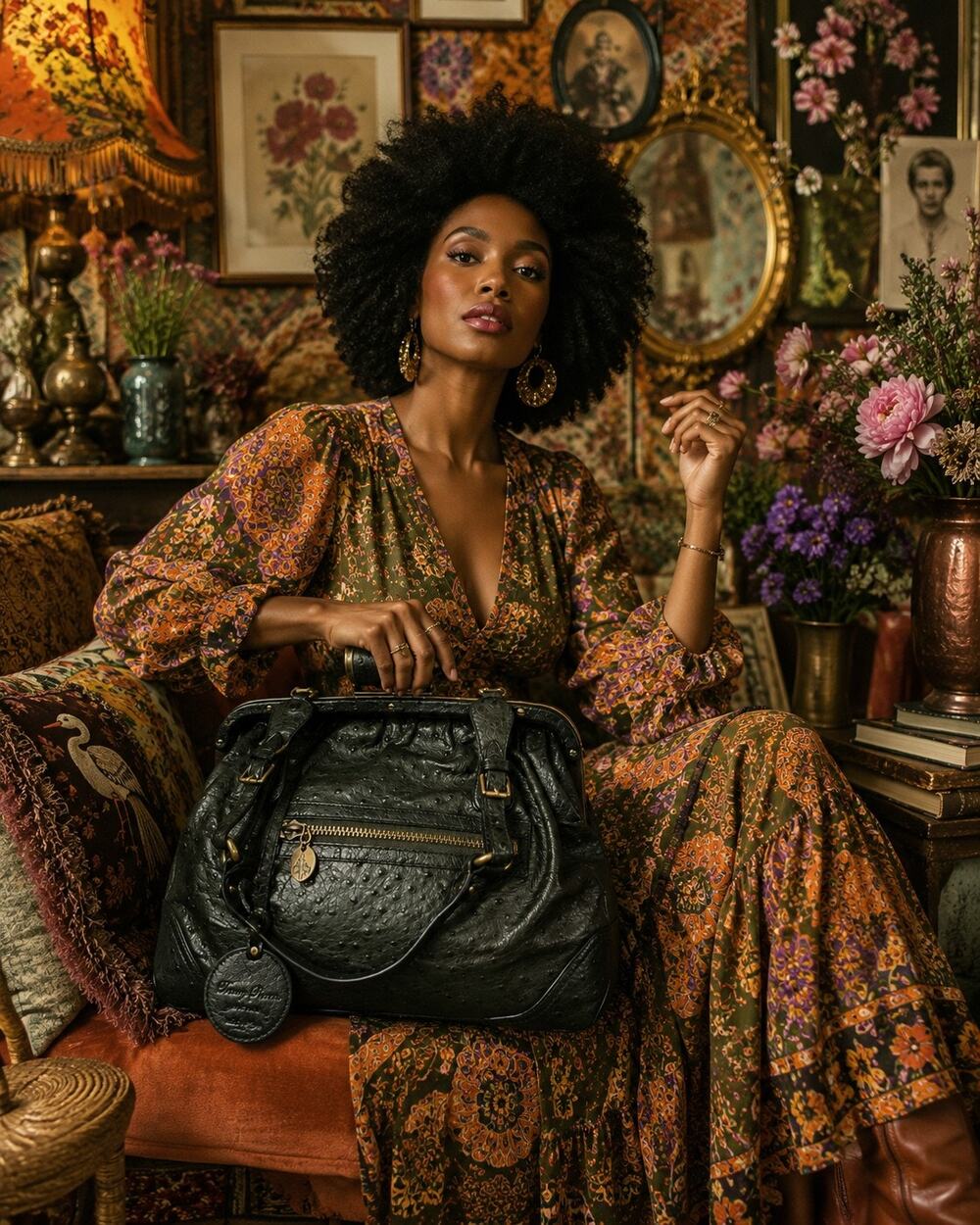 Tracy Reese Ostrich Embossed Leather Doctor Bag Green Frame Satchel Kiss Lock